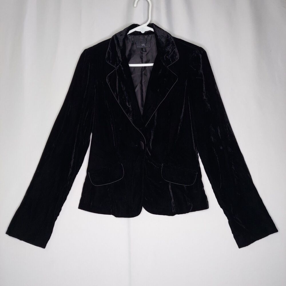 Iz‎ Byer Vtg Velvet Blazer Women Medium Black One-Button 90s Romantic Holiday